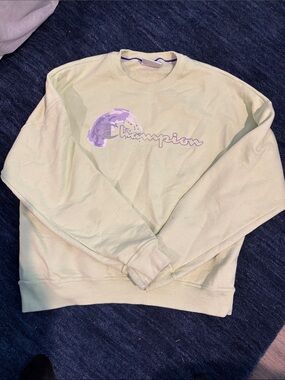 Large - Gently Used - Champion Pale Lime Crewneck with Lavender Script Logo